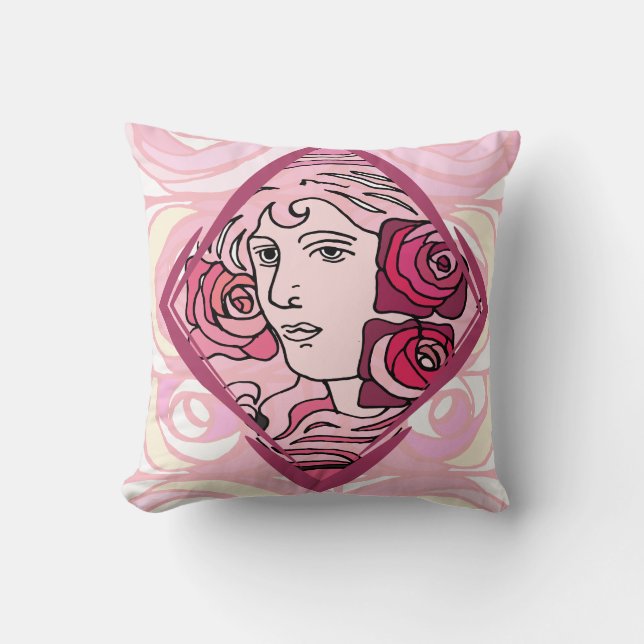 Elegant Art Nouveau Rose Woman Cushion (Front)