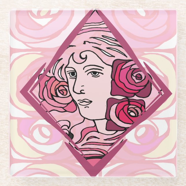 Elegant Art Nouveau Rose Woman Glass Coaster (Front)