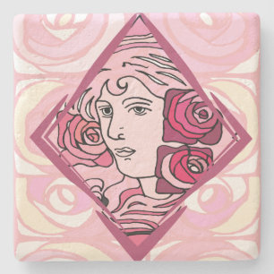 Elegant Art Nouveau Rose Woman Stone Coaster
