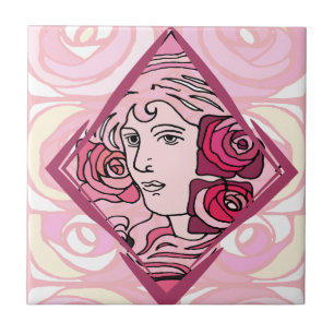 Elegant Art Nouveau Rose Woman Tile