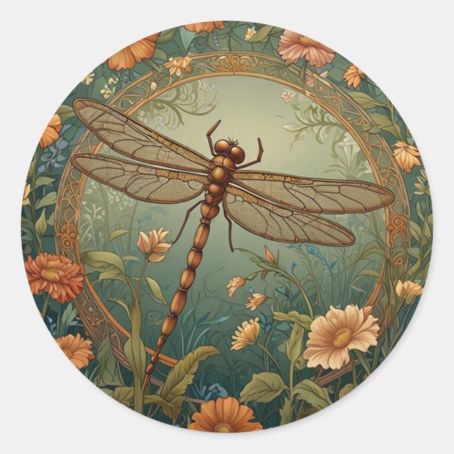 Elegant Art Nouveau Spring green Dragonfly Classic Round Sticker (Front)
