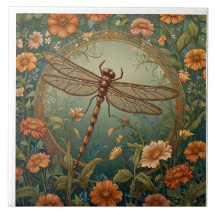 Elegant Art Nouveau Spring green Dragonfly Tile