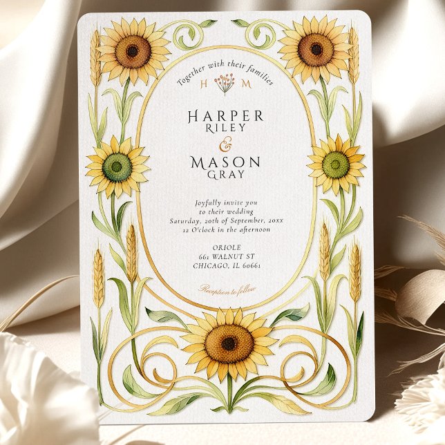 Elegant Art Nouveau Sunflower & Wheat Gold Wedding Invitation (Creator Uploaded)