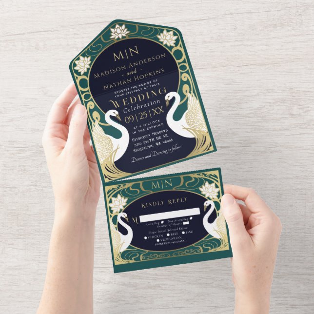 Elegant Art Nouveau Swans Wedding All In One Invitation (Tearaway)