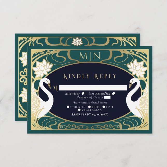 Elegant Art Nouveau Swans Wedding RSVP Enclosure Card (Front/Back)