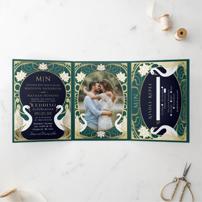 Elegant Art Nouveau Swans Wedding Tri-Fold Invitation (Inside)