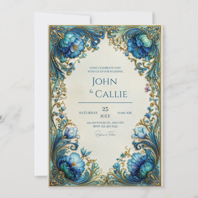 Elegant Art Nouveau Teal Floral Gilded Wedding Invitation (Front)