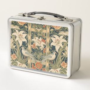 Elegant Art Nouveau Vintage Botanical Bird Lily Metal Lunch Box