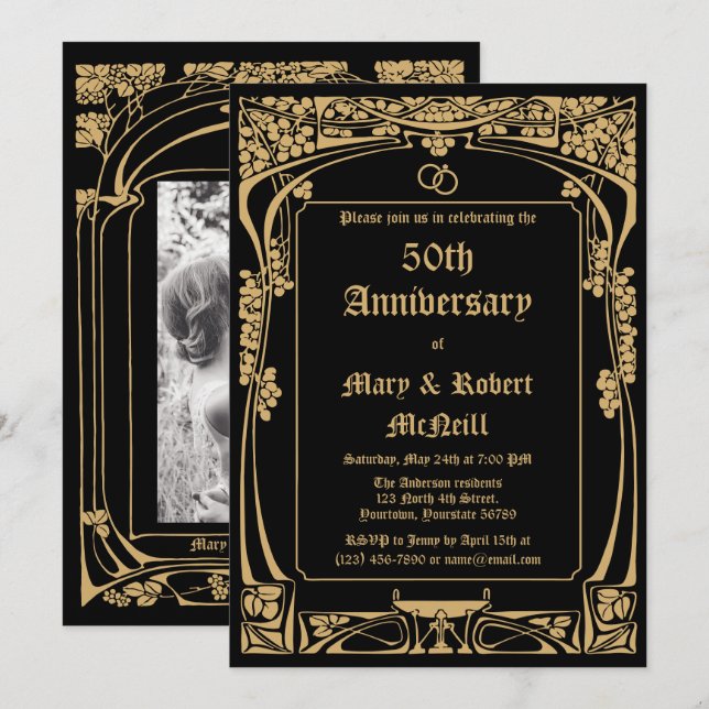 Elegant Art Nouveau Wedding Anniversary Invitation (Front/Back)