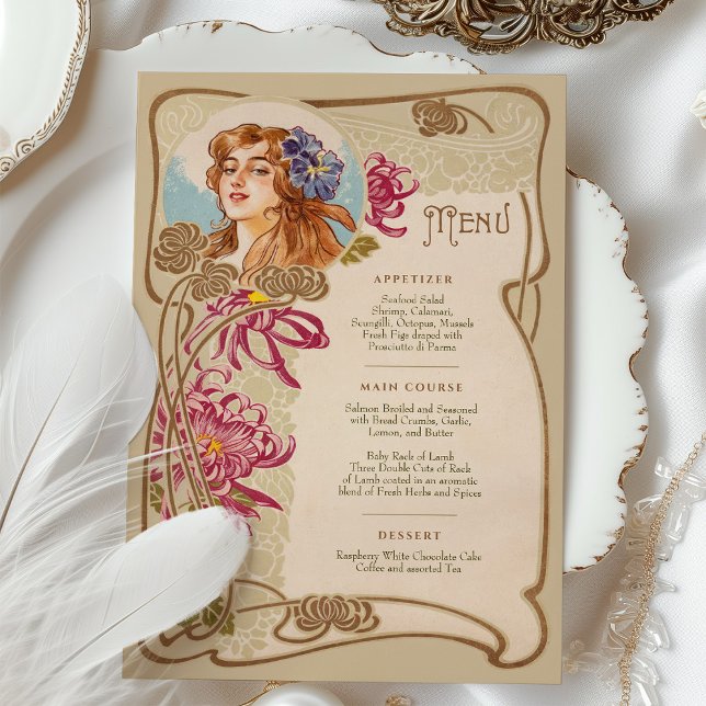 Elegant Art Nouveau Wedding Dinner Menu Floral Invitation (Creator Uploaded)