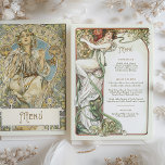 Elegant Art Nouveau Wedding Dinner Menu Mucha Invitation<br><div class="desc">This beautiful wedding dinner menu showcases an exquisite Art Nouveau design, featuring illustrations reminiscent of Alphonse Mucha's iconic style. The front of the menu highlights a serene woman surrounded by intricate patterns and floral motifs in soft, earthy tones of cream, muted gold, sage green, and delicate pastels. The vintage elegance...</div>