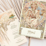 Elegant Art Nouveau Wedding Dinner Menu Mucha Invitation<br><div class="desc">This beautiful wedding dinner menu showcases an exquisite Art Nouveau design, featuring illustrations reminiscent of Alphonse Mucha's iconic style. The front of the menu highlights a serene woman surrounded by intricate patterns and floral motifs in soft, earthy tones of cream, muted gold, sage green, and delicate pastels. The vintage elegance...</div>