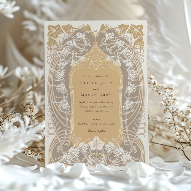 Elegant Art Nouveau Wedding Gold Cream Tones Invitation (Creator Uploaded)