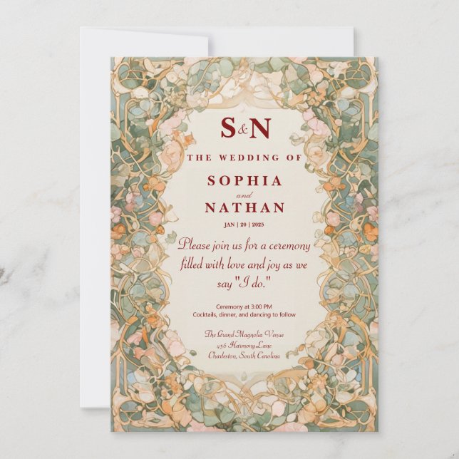 Elegant Art Nouveau Wedding Invitation With Floral (Front)