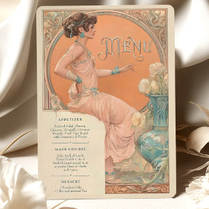 Elegant Art Nouveau Wedding Menu Card Coral Teal