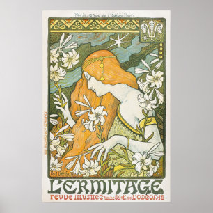 Elegant Art Nouveau Woman White Lily Illustration Poster