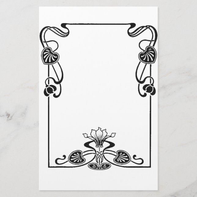 Elegant Art Nuovo Floral Black and White Scroll Stationery (Front)
