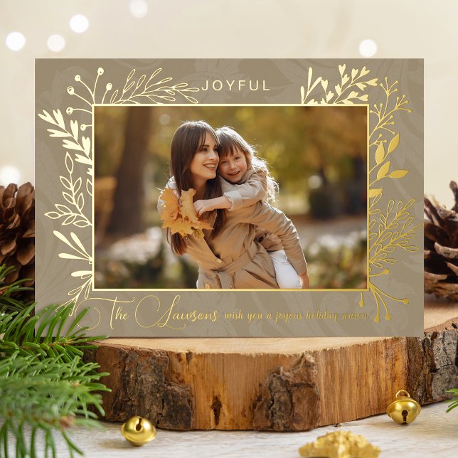Elegant Artisan Gold Leaves Photo Foil Holiday Card (Creator Uploaded)