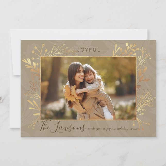 Elegant Artisan Gold Leaves Photo Holiday Card (Front)