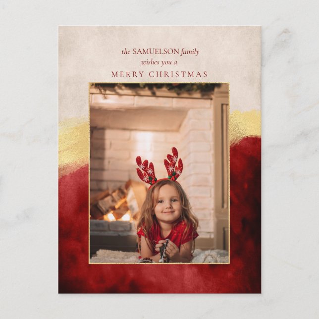 Elegant Artisan Red w/Gold Brush Stroke Photo Holiday Postcard (Front)