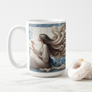 Elegant Artist Woman – Blue Tile Art Illustration Coffee Mug