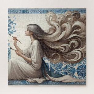 Elegant Artist Woman – Blue Tile Art Illustration Jigsaw Puzzle