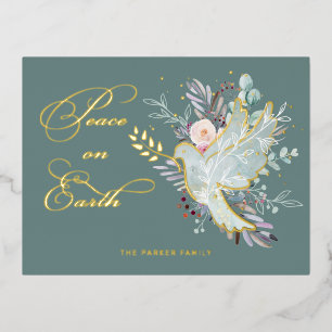 Elegant Artistic Floral Peace on Earth Dove Foil Holiday Postcard