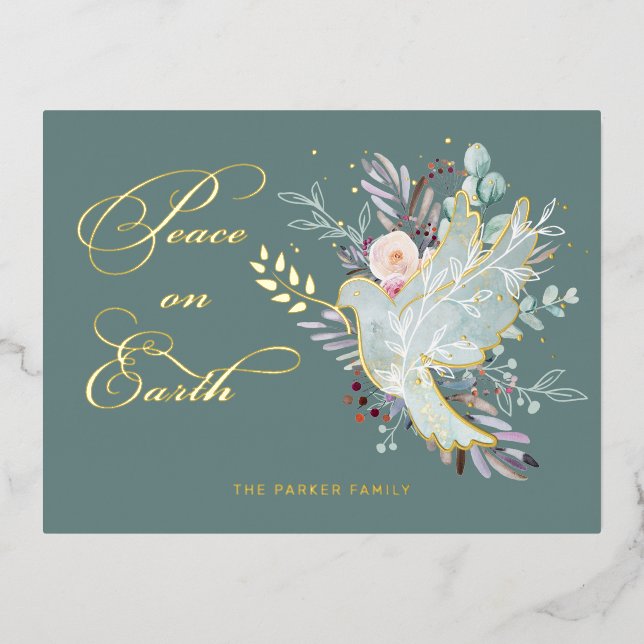 Elegant Artistic Floral Peace on Earth Dove Foil Holiday Postcard (Front)