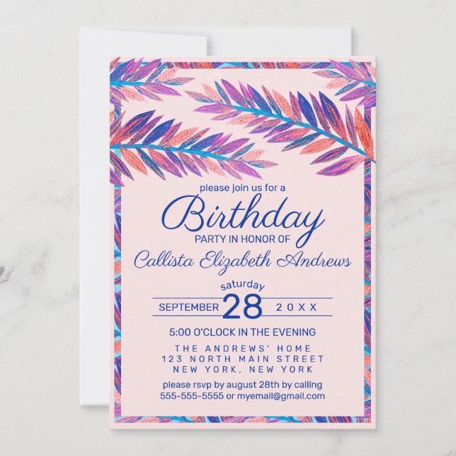 Elegant Artistic Tropical Leaves Acrylic Birthday Invitation (Front)