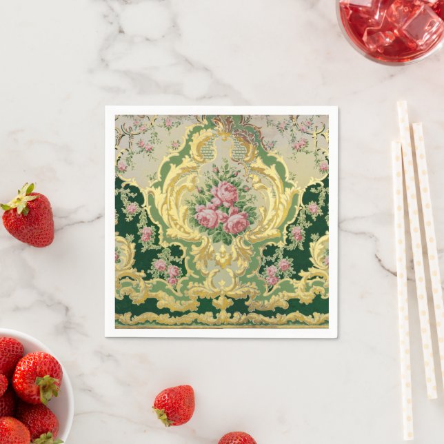 Elegant ArtNouveau Metal Gold Pink Roses Dinner Napkin (Insitu)
