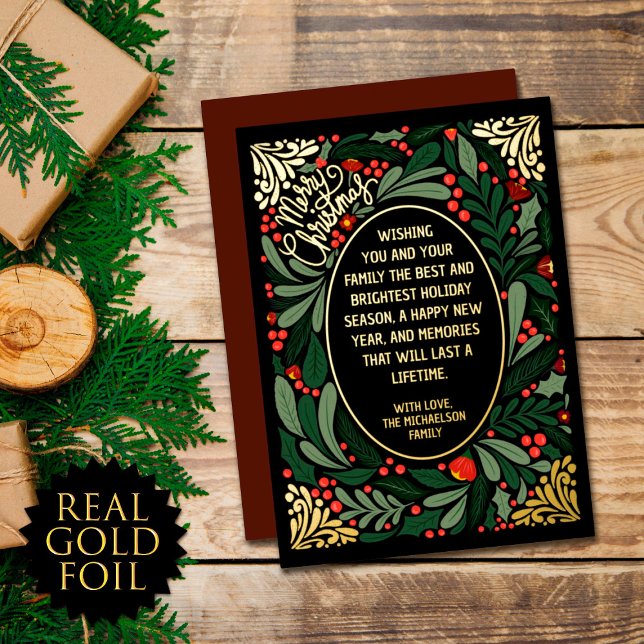 Elegant Artsy Floral Leaves Christmas Gold Foil Holiday Card (Creator Uploaded)
