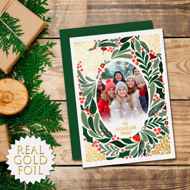 Elegant Artsy Floral Leaves Christmas Photo Gold Foil Holiday Card (Creator Uploaded)