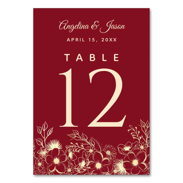 Elegant Artsy Floral Red and Gold Wedding Table Number (Front)