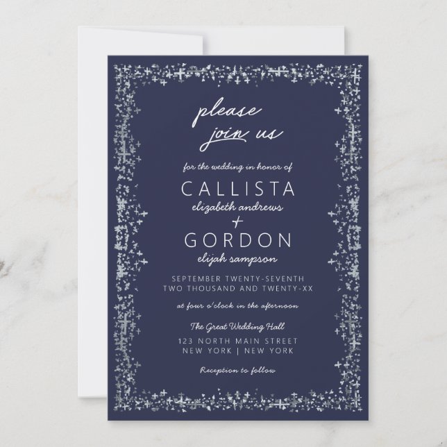Elegant Artsy Navy Blue Silver Border Wedding Invitation (Front)