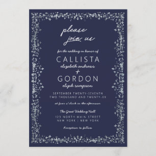 Elegant Artsy Navy Blue Silver Border Wedding Invitation