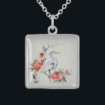Elegant Asian Crane and Blossom Art Sterling Silver Necklace<br><div class="desc">Pretty intricate crane and flowers Asian painting.</div>