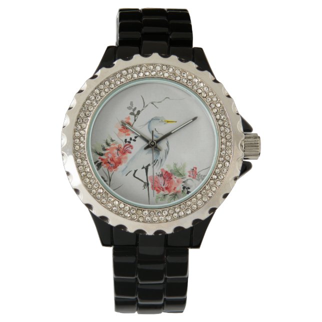 Elegant Asian Crane and Blossom Art Watch (Front)