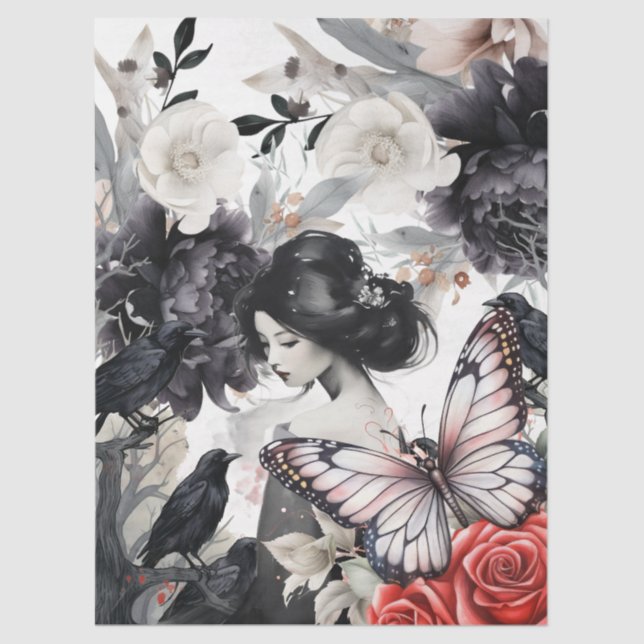 Elegant Asian Girl Raven Butterfly Decoupage Tissue Paper (Front)