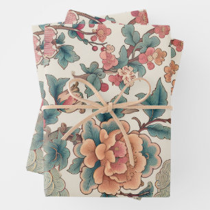 Elegant Asian-Inspired Botanical Wrapping Paper Sheet