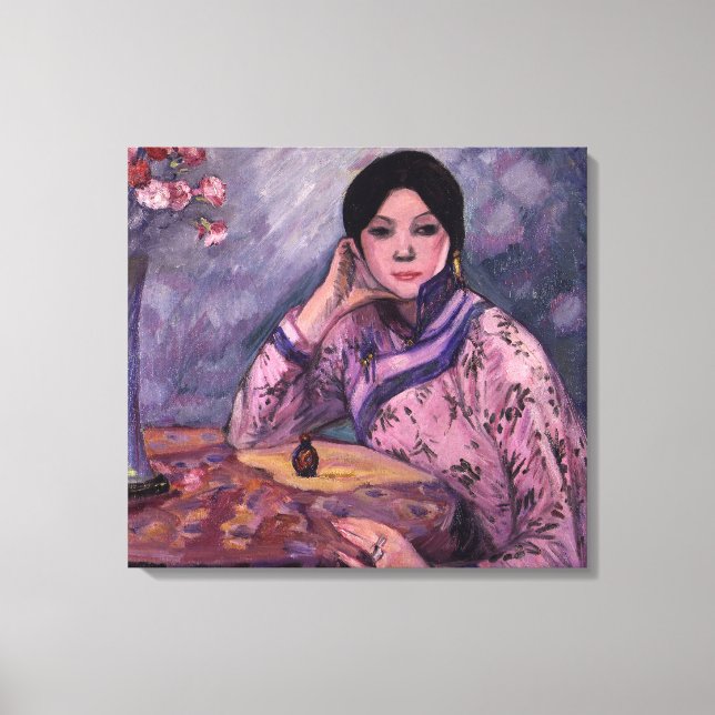 Elegant Asian Lady with Perfume and Pink Roses Canvas Print (Front)
