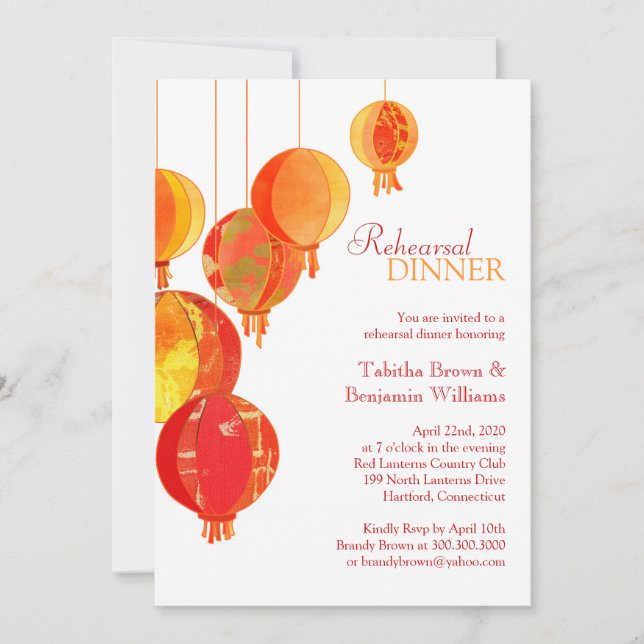 Elegant Asian Lanterns Wedding Rehearsal Dinner Invitation (Front)