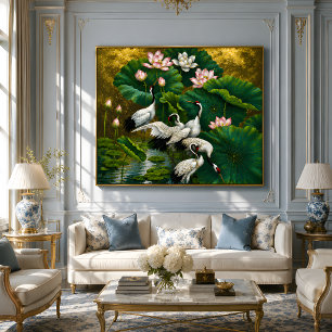 Elegant Asian Lotus & Crane Gold Oil Painting Poster