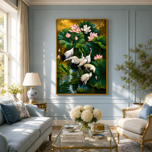 Elegant Asian Lotus & Crane Gold Oil Painting Poster