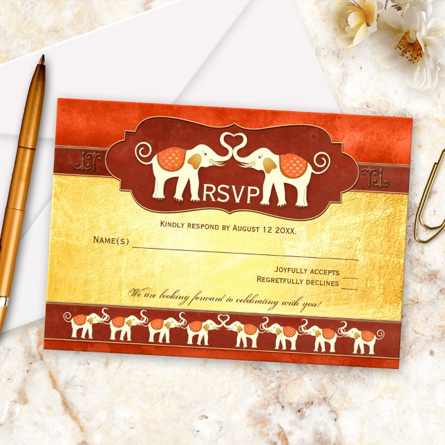Elegant Asian White Elephants Wedding RSVP Card (RSVP card featuring two cute elephants in love, cheered on by their families and tribe)