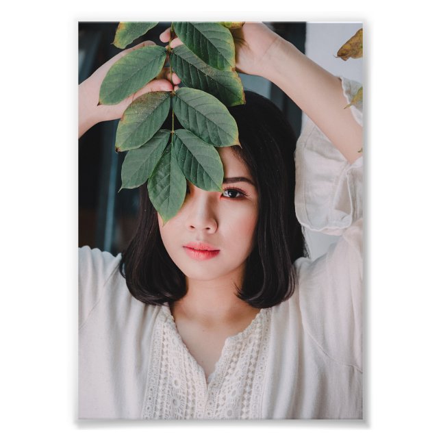 Elegant Asian Woman Holding Green Leaves – Photo Print (Front)