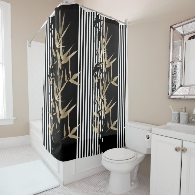 Elegant Asianstyle Black White Stripe Gold Bamboo Shower Curtain (In Situ)