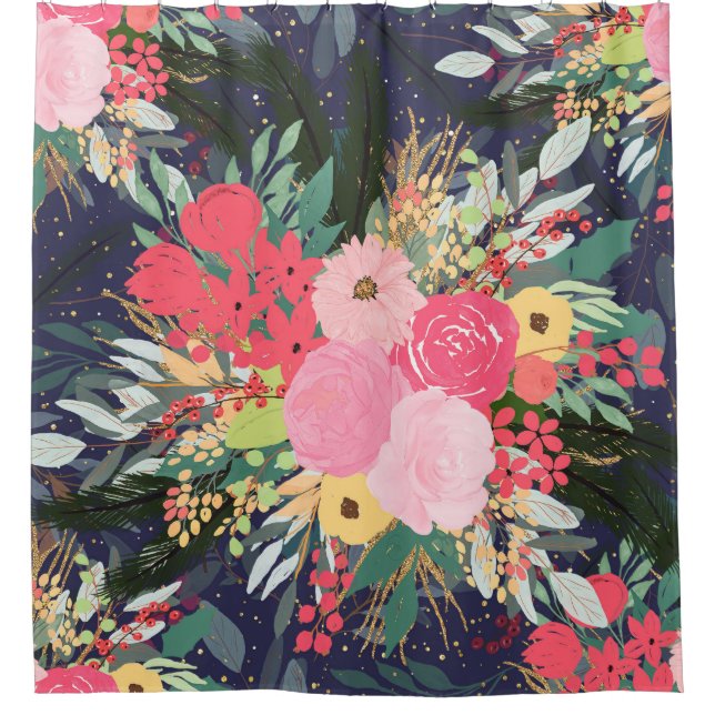 Elegant Astral Aura Winter Floral & Gold Dots Shower Curtain (Front)