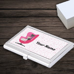 elegant Atomic Cats Vintage Pink Chair Polka Dots Business Card Holder<br><div class="desc">This metal business card holder case has two elegant atomic cats one black and one white sitting in a vintage pink chair on a white background with pink polka dots.  Customise your text or name with the template.</div>