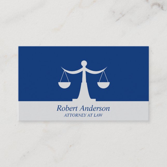 Elegant Attorney at Law Scales of Justice Blue Business Card (Front)