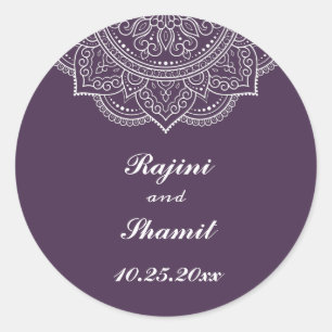Elegant Aubergine White Indian Paisley Wedding  Classic Round Sticker